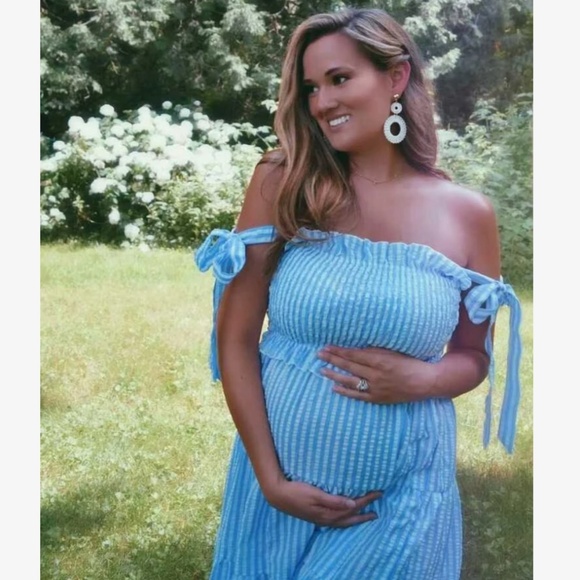 Striped Blue White Midi Dress Tie Straps Shirred Ruffle Detail - Picture 10 of 16